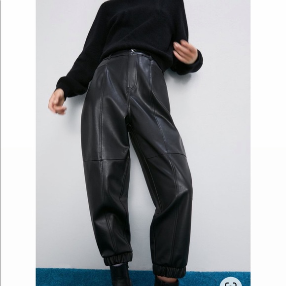 Zara Black Faux Leather Jogger Pants - Picture 2 of 12